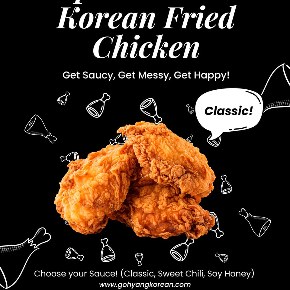 Three pieces of crispy, golden-brown Korean fried chicken on a black background with chicken drumstick illustrations.