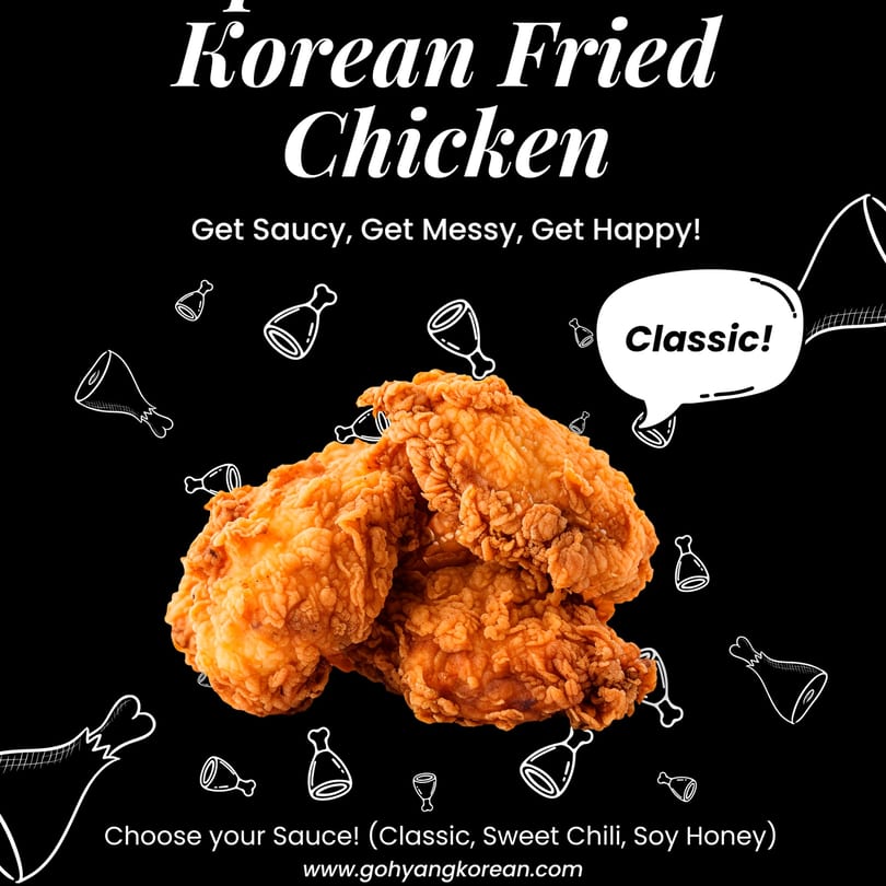 Three pieces of crispy, golden-brown Korean fried chicken on a black background with chicken drumstick illustrations.