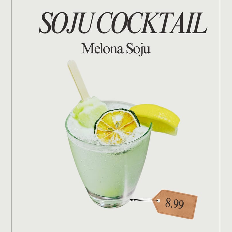 Melona Soju cocktail with a dried lime slice, lemon wedge, and melon bar, priced at $8.99.